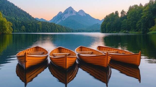 Serene lake scene with wooden boats - Powered by Adobe