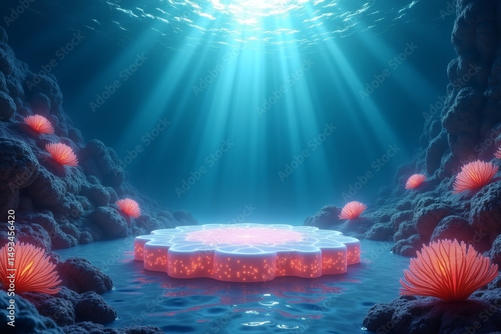 Aufkleber mesmerizing underwater scene with a luminescent podium stage surrounded by vibrant coral formations 