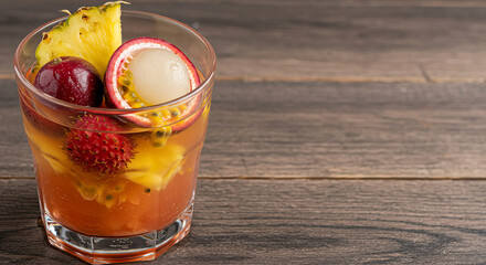 Colorful tropical fruit cocktail in glass with exotic fruits. Neutral background with copy space for design use.