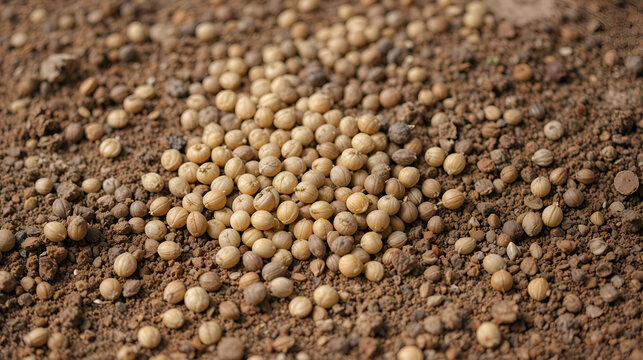Close-up of Cyperus rotundus linn seeds scattered on a brown soil surface, brown soil, nut grass seeds, gardening