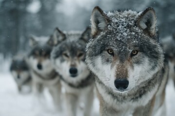 Obraz premium A Focused Pack of Gray Wolves in Winter Forest Displaying Cold Weather Adaptations and Social Structure