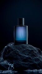 perfume mockup design on stone with dark background.