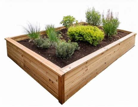 a raised garden bed made of cedar wood white background