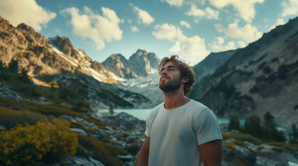 a man breathing deeply while surrounded by mountains and clean air