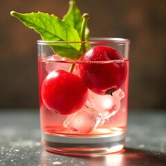 Cherry Drink with Ice and Green Leaf in Clear Glass – Close-Up Beverage Photo