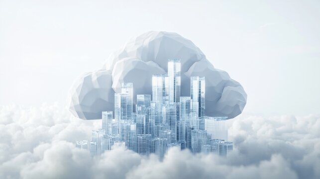Modern cityscape emerging from a cloud, symbolizing cloud computing and technology integration