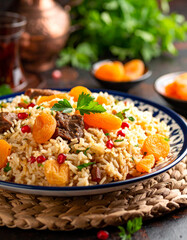 A plate of Uzbek plov garnished with dried apricots and pomegranate seeds on a woven mat.