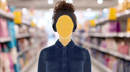A futuristic representation of a woman in a retail environment, featuring a wireframe head and headphones, Ideal for technology, virtual reality, or retail innovation concepts,