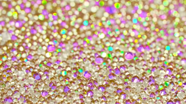 Iridescent rhinestones sparkle with purple, green, gold, and cyan hues in an abstract blurred and glowing background.