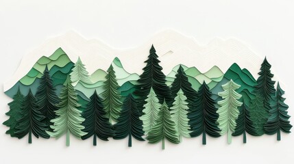 Fototapeta premium A vibrant paper art representation of layered mountains and pine trees.