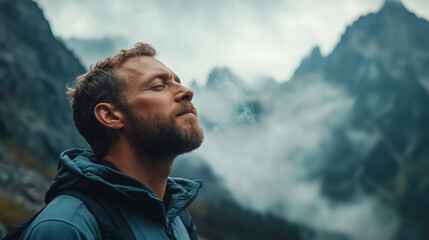 a man breathing deeply while surrounded by mountains and clean air