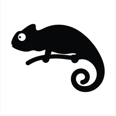 Black silhouette of a chameleon perched on a branch isolated against white