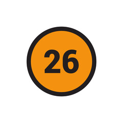 26 Number icon vector Orange Circle with Black design