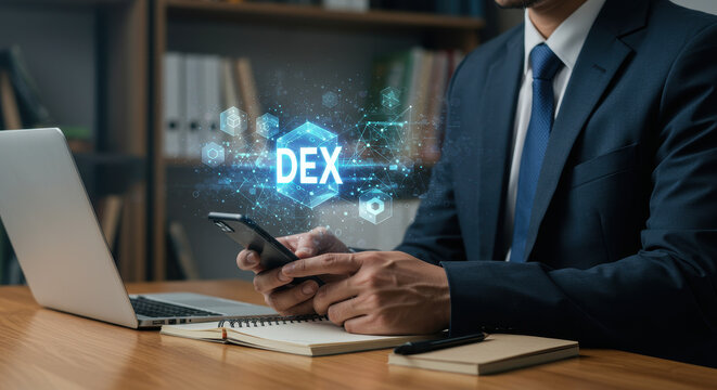 DEX Trading: Businessman Using Decentralized Exchange App on Phone for Crypto, DeFi, and Blockchain Investments.