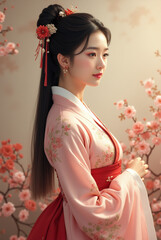 Elegant Side Portrait of Korean Woman in Hanbok with Floral Hairpins (Generative AI)
