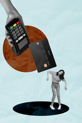 Vertical poster art collage of happy businesswoman businessman stand credit card pos terminal...