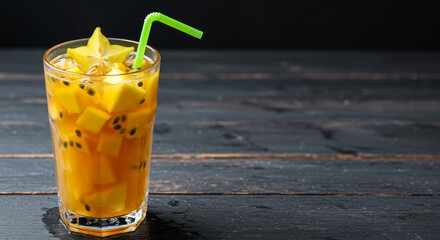 Colorful tropical fruit cocktail in glass with exotic fruits. Neutral background with copy space for design use.