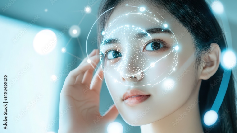 Poster futuristic technology interface augmented over a woman's face, presenting potential data integration