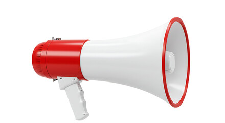 A red and white megaphone isolated on a black background in a studio shot for communication use
