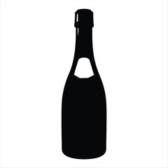 Elegant Black Silhouette of a Sparkling Champagne Bottle on a White Background
