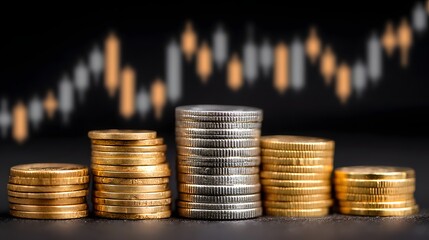 Stacks of Gold and Silver Coins with Financial Chart Background for Investment Concepts