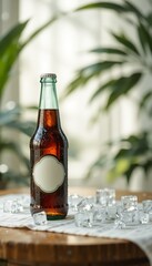 Tea bottle mockup design with ice cubes on the side