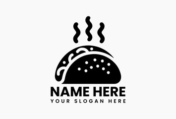 Clean line drawing of traditional taco with assorted fillings in black and white vector format. Mexican culinary logo  