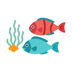 Fototapeta premium Two flat design fishes with seaweed on black background