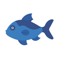 Blue cartoon fish swimming on black background illustration