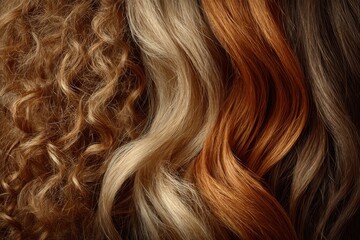 Naklejka premium Various tones and textures in hair displaying blonde curly, light brown wavy, auburn straight, and dark brunette strands