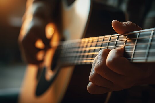 The Guitarist's Touch: Close-up of a guitarist's hands expertly strumming the strings of an acoustic guitar, evoking a sense of musical artistry and passion.