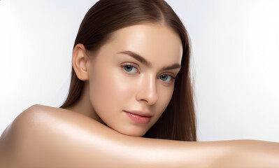 An ethereal close-up of a young woman, white background, skin care concept
