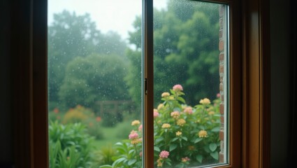 Rainy Day Garden View Through Window