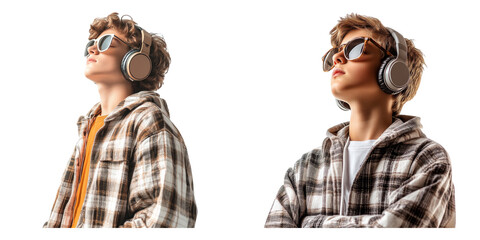 Stylish young man wearing sunglasses and headphones isolated on transparent PNG image perfect for music or urban youth branding