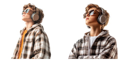 Stylish young man wearing sunglasses and headphones isolated on transparent PNG image perfect for music or urban youth branding