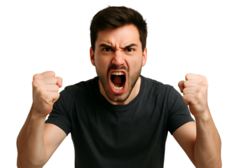 Furious Man with Brunette Hair Expressing Anger Emotion on Transparent