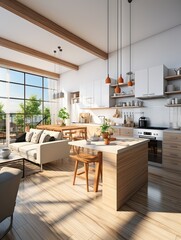 Bright open concept living space featuring a modern kitchen and comfortable seating area near windows
