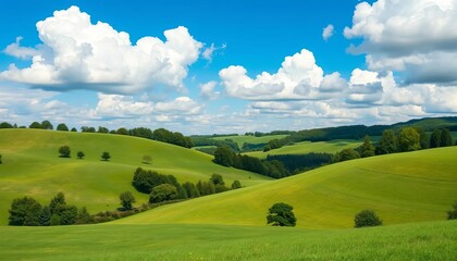 Fototapeta premium Rolling green hills, lush trees, vibrant blue sky with fluffy white clouds Idyllic summer landscape, open space, green field