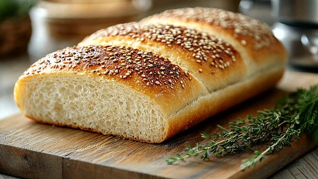 Sesame Bread A close-up of sliced sesame seed bread on a wood board with thyme