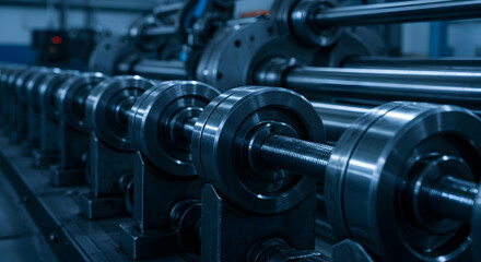 Fototapeta premium Hightech Industrial Machinery Closeup Metal Rolling Mill Factory Equipment Manufacturing Process