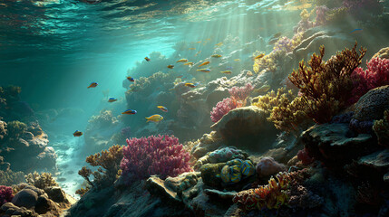 Fototapeta premium sunlight hitting coral reef and fish