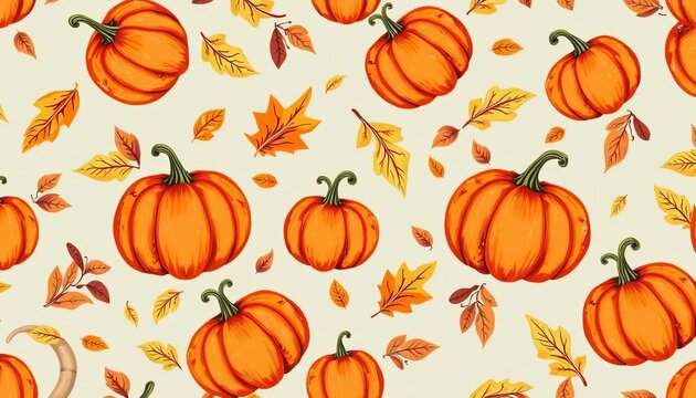 Seamless autumn harvest pattern with hand-drawn pumpkins & leaves,  orange,  vibrant