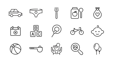Child care line icon set. Babies, motherhood, kids, family, baby, pregnancy, prenatal care, support, safety, International Children Day, awareness, and parenthood outline vector thin icon pack