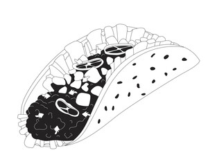 Spicy taco with ground meat and fresh vegetables 2D line object. Mexican food. Fiesta meal. Corn tortilla with seasoned beef isolated clipart vector ink outline item. Monochrome spot illustration