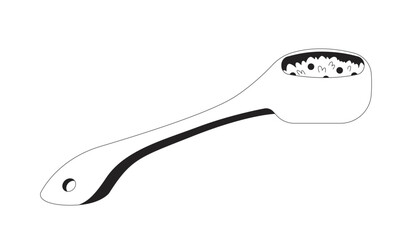 Spoon filled with cooked rice and peas 2D line object. Ceramic ladle with meal portion. Dining tool. Kitchen scoop. Tablespoon isolated clipart vector ink outline item. Monochrome spot illustration