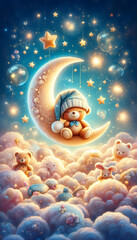 Dreamlike cartoon nighttime scene showcasing fluffy teddy bear sleeps on crescent moon and other animals on cotton-like clouds, surrounded by twinkling stars creating a perfect bedtime atmosphere 