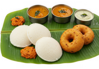 South indian food idli vada sambar chutney served isolated on transparent background