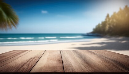 Fototapeta premium empty wooden table for product display on sea beach blurred background ai generative