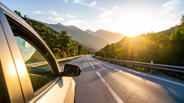 Car travels winding asphalt road Mountains and lush green trees line the sunny path Sunlight shines brightly promising adventure
