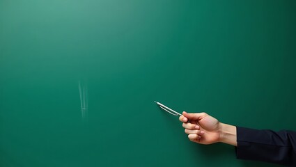Woman teacher writing on a green school chalkboard with chalk